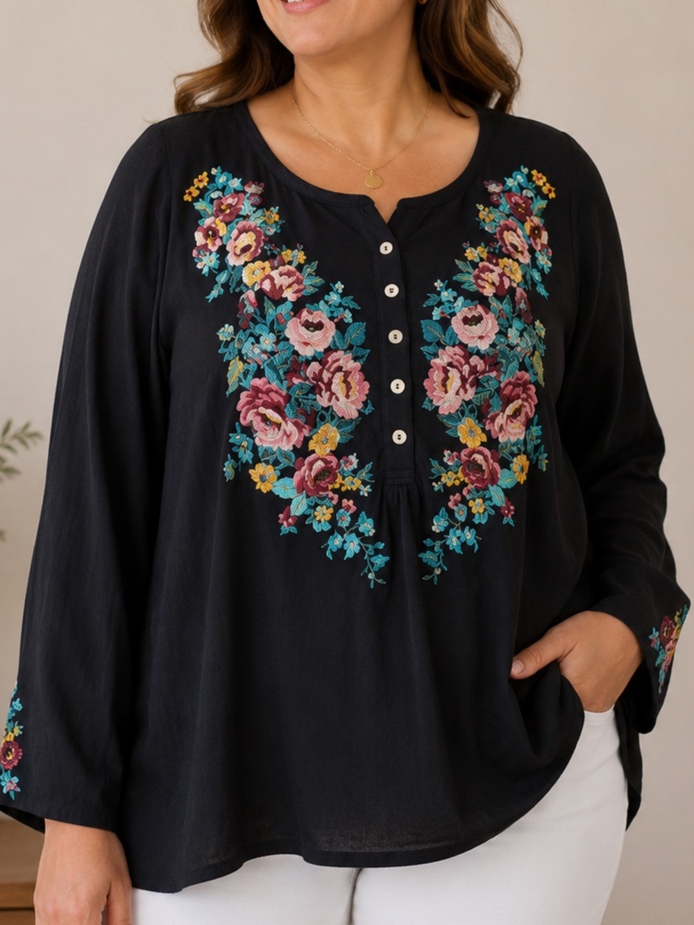 Women within Black Henley Embroidered Floral front 4x